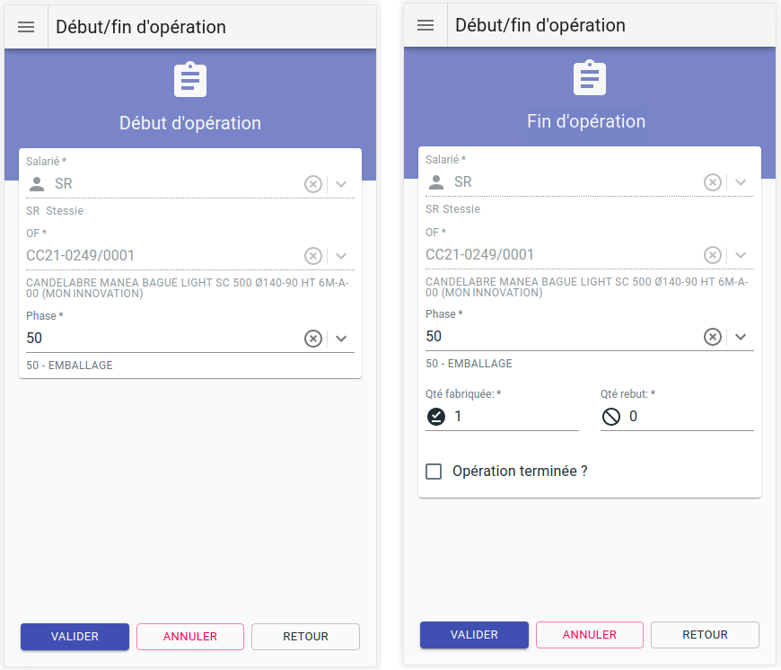 Scénario de saisie code barre en atelier
