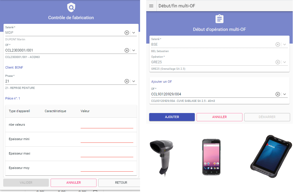 Saisie code barre de fiche de contrôle et avancement de production